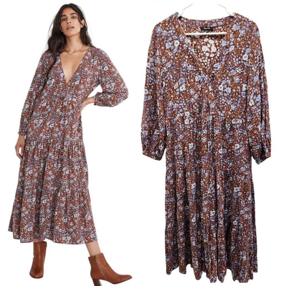 Madewell Brown and Blue Floral Midi Dress
